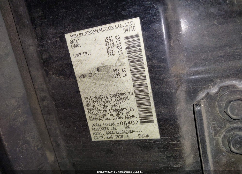 2010 NISSAN ALTIMA VIN: 1N4AL2APXAN506402