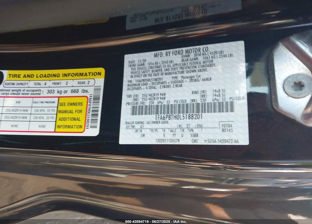 2020 FORD MUSTANG VIN: 1FA6P8TH0L5188201