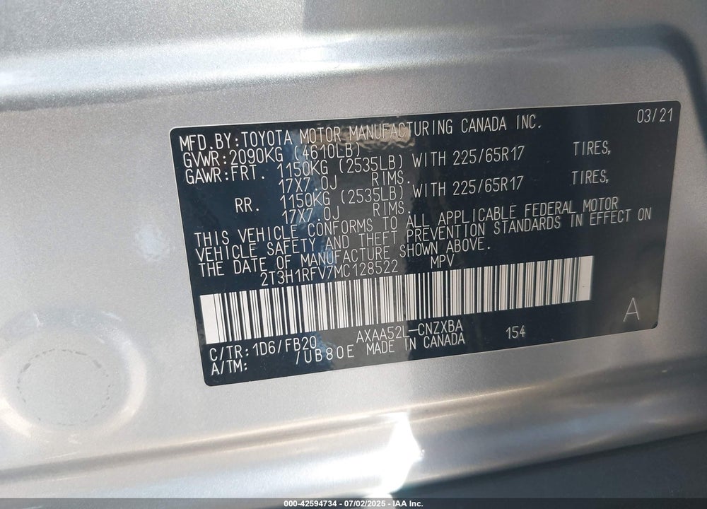 2021 TOYOTA RAV4 VIN: 2T3H1RFV7MC128522