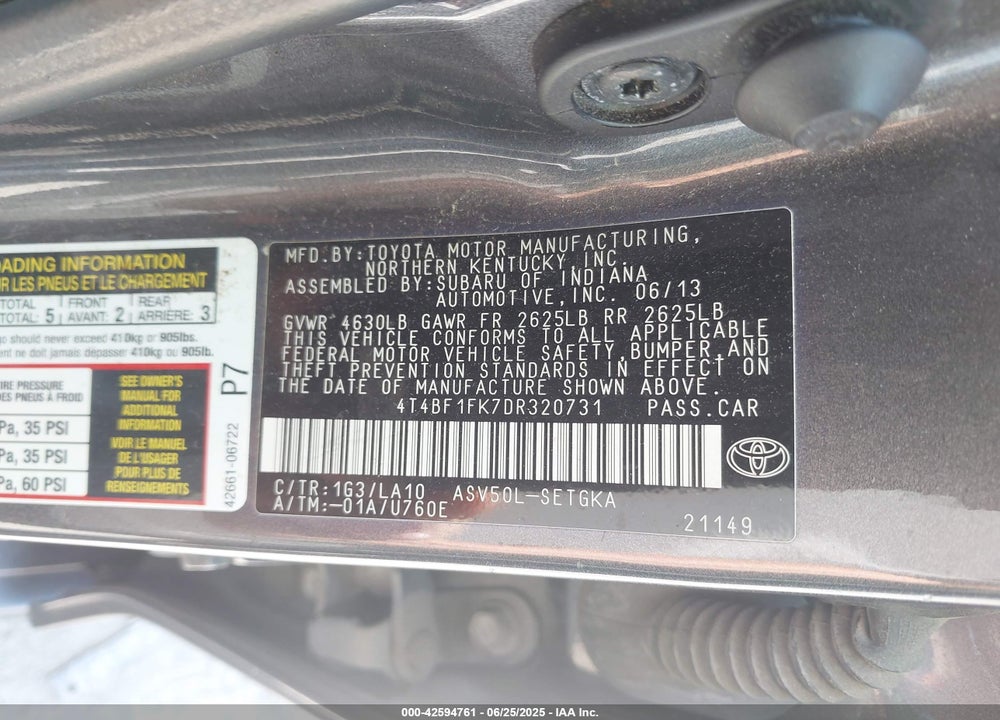 2013 TOYOTA CAMRY VIN: 4T4BF1FK7DR320731