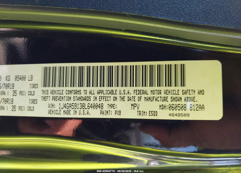2008 JEEP WRANGLER UNLIMITED SAHARA VIN: 1J4GA59138L640048