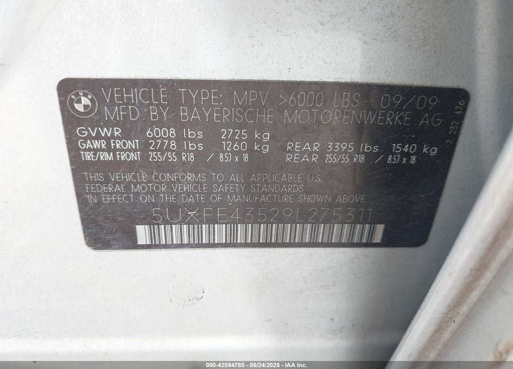 2009 BMW X5 XDRIVE30I VIN: 5UXFE43529L275311