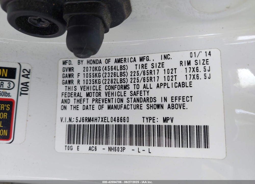 2014 HONDA CR-V VIN: 5J6RM4H7XEL048660