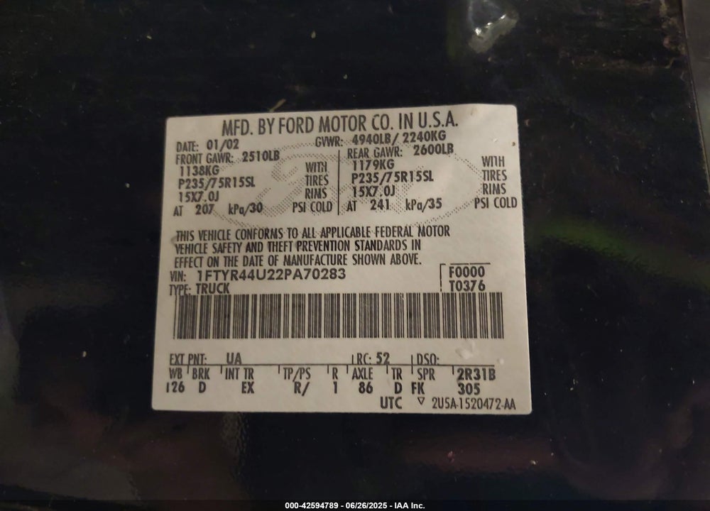 2002 FORD RANGER EDGE/TREMOR/XLT VIN: 1FTYR44U22PA70283