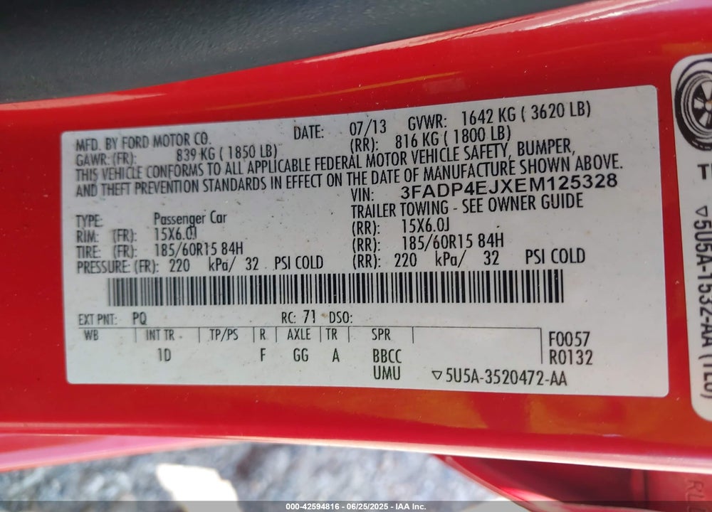 2014 FORD FIESTA VIN: 3FADP4EJXEM125328