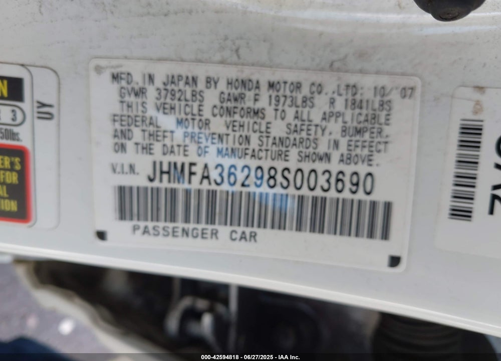 2008 HONDA CIVIC HYBRID VIN: JHMFA36298S003690