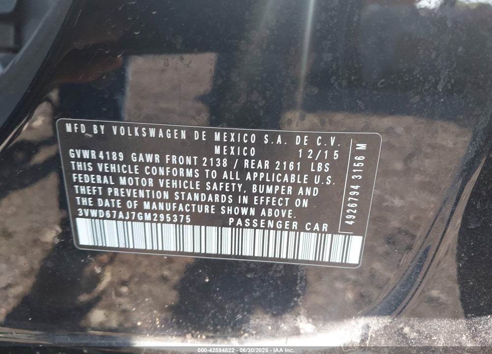 2016 VOLKSWAGEN JETTA VIN: 3VWD67AJ7GM295375