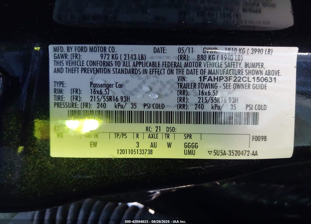 2012 FORD FOCUS VIN: 1FAHP3F22CL150631