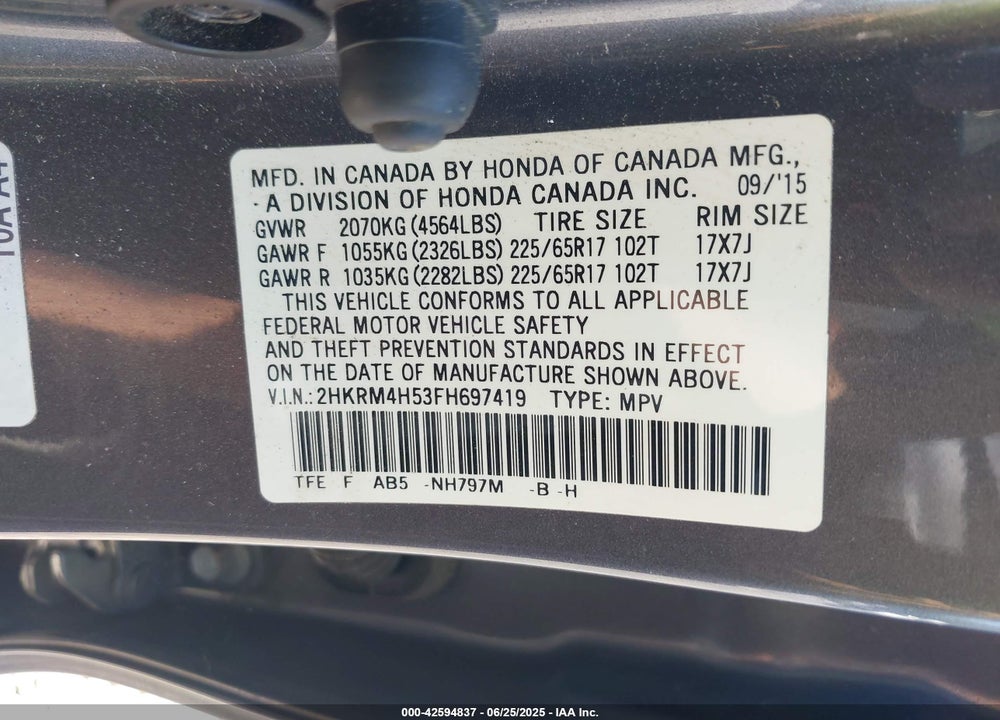 2015 HONDA CR-V EX VIN: 2HKRM4H53FH697419