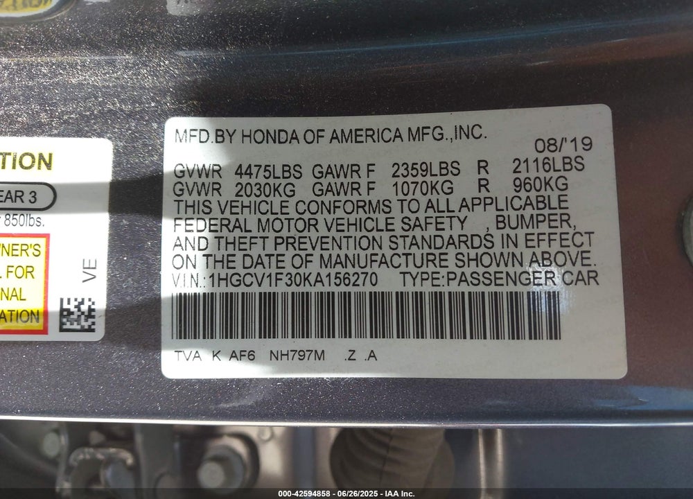 2019 HONDA ACCORD VIN: 1HGCV1F30KA156270