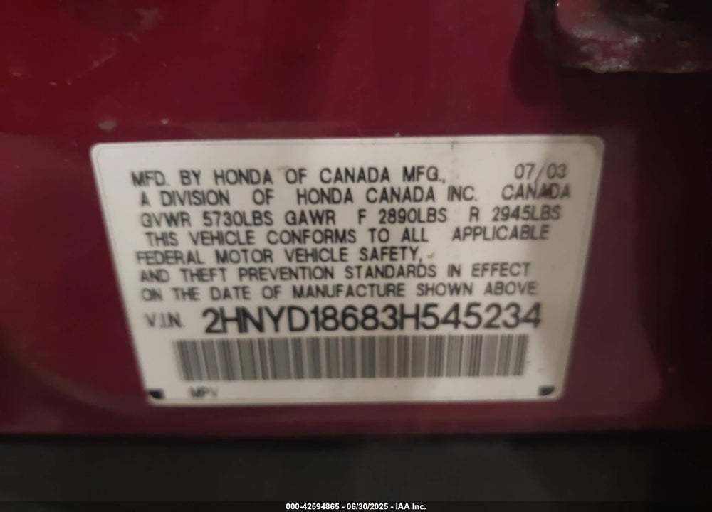 2003 ACURA MDX VIN: 2HNYD18683H545234
