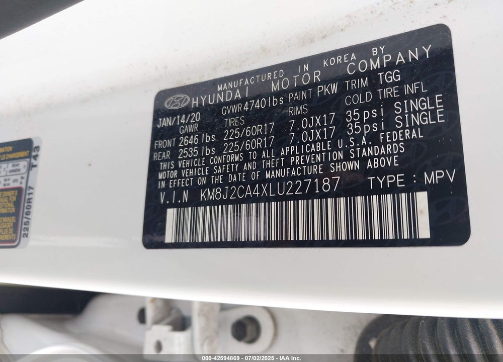 2020 HYUNDAI TUCSON VIN: KM8J2CA4XLU227187
