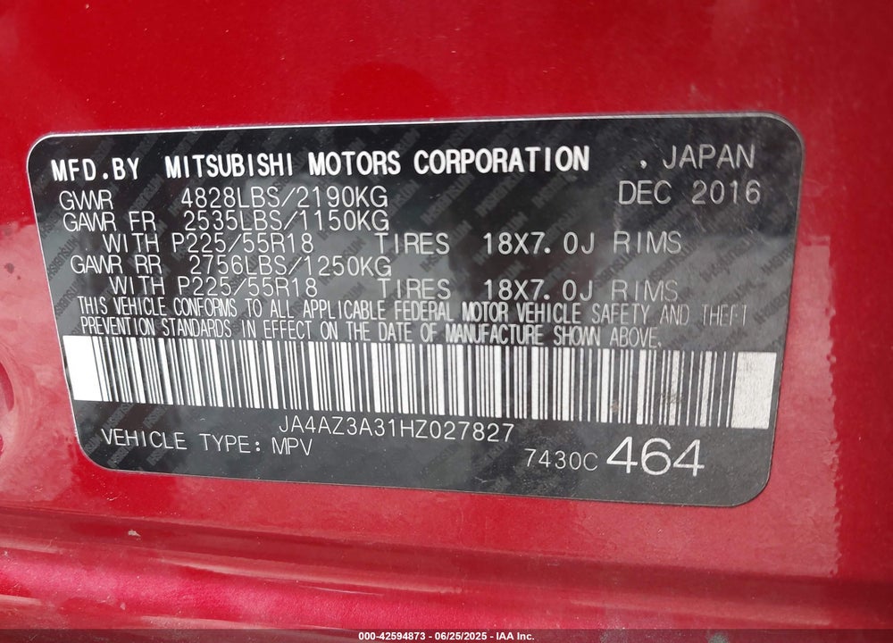 2017 MITSUBISHI OUTLANDER VIN: JA4AZ3A31HZ027827