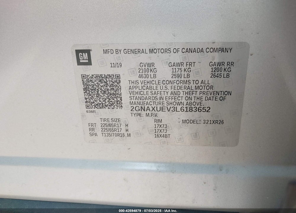 2020 CHEVROLET EQUINOX VIN: 2GNAXUEV3L6183652