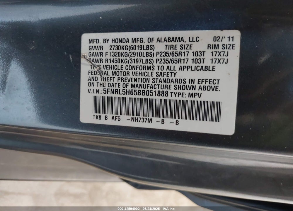 2011 HONDA ODYSSEY EX-L VIN: 5FNRL5H65BB051888