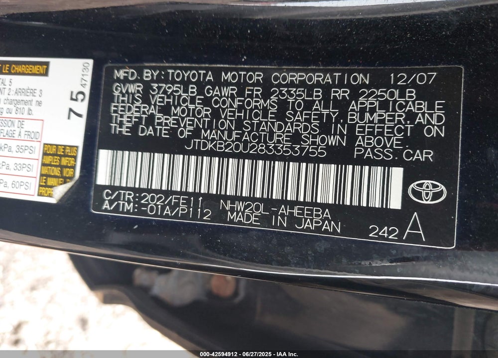 2008 TOYOTA PRIUS VIN: JTDKB20U283353755