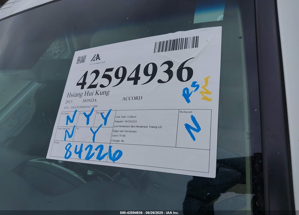 2013 HONDA ACCORD VIN: 1HGCR2F84DA071599