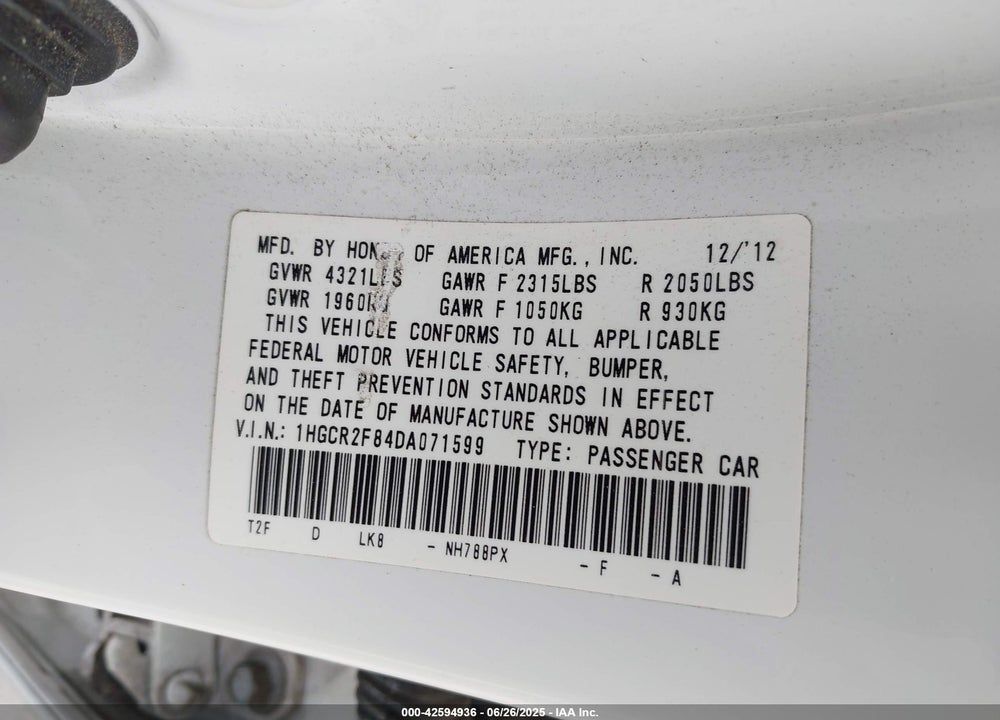 2013 HONDA ACCORD VIN: 1HGCR2F84DA071599