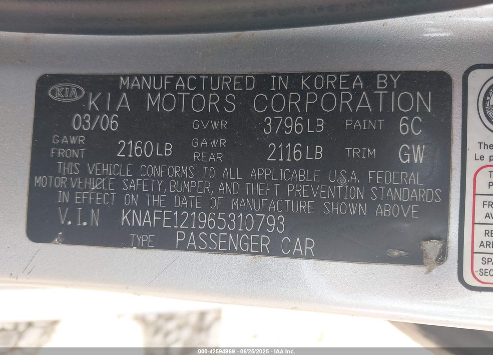 2006 KIA SPECTRA VIN: KNAFE121965310793
