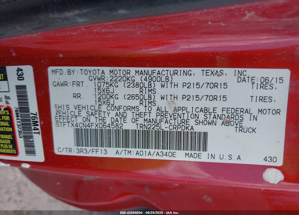2015 TOYOTA TACOMA VIN: 5TFTX4CN4FX064582