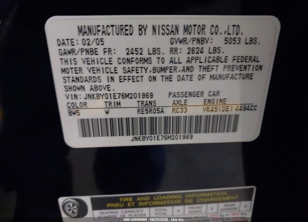 2006 INFINITI M45 SPORT VIN: JNKBY01E76M201969