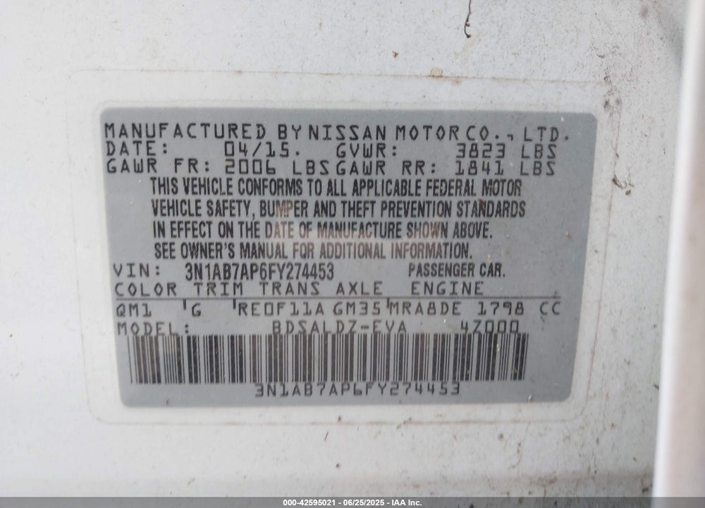 2015 NISSAN SENTRA VIN: 3N1AB7AP6FY274453