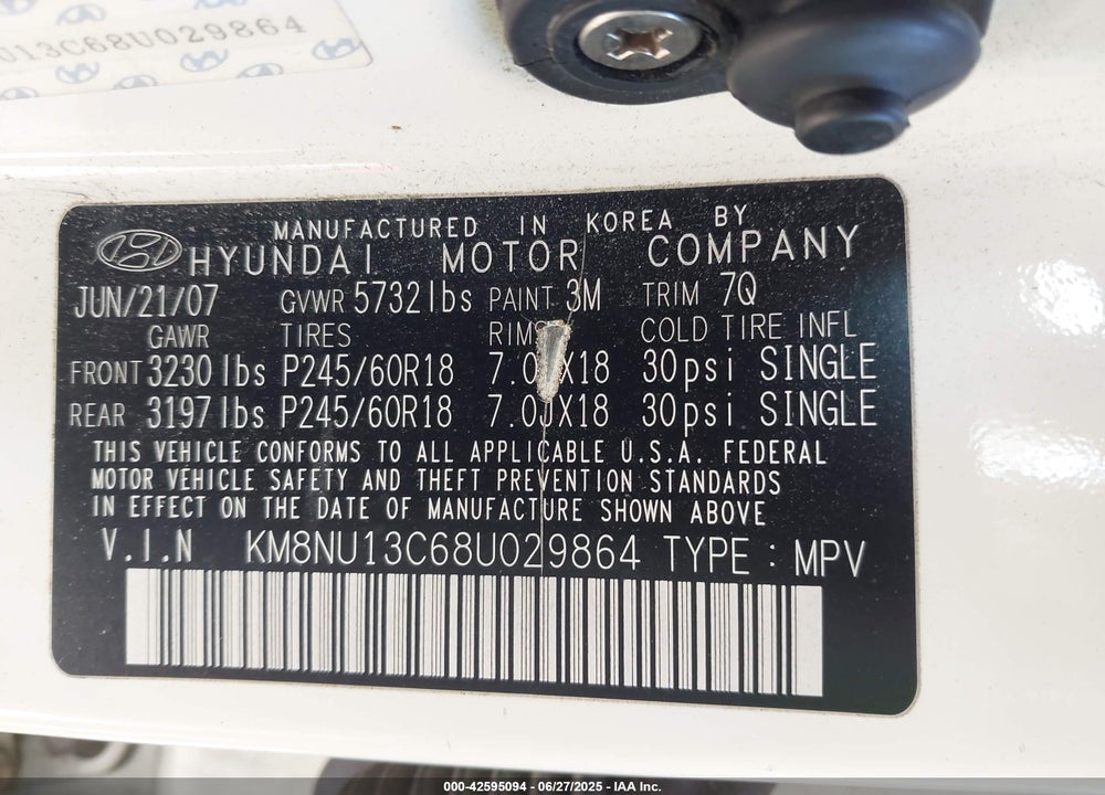 2008 HYUNDAI VERACRUZ VIN: KM8NU13C68U029864