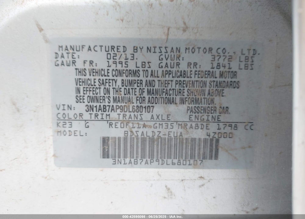2013 NISSAN SENTRA SV VIN: 3N1AB7AP9DL680107