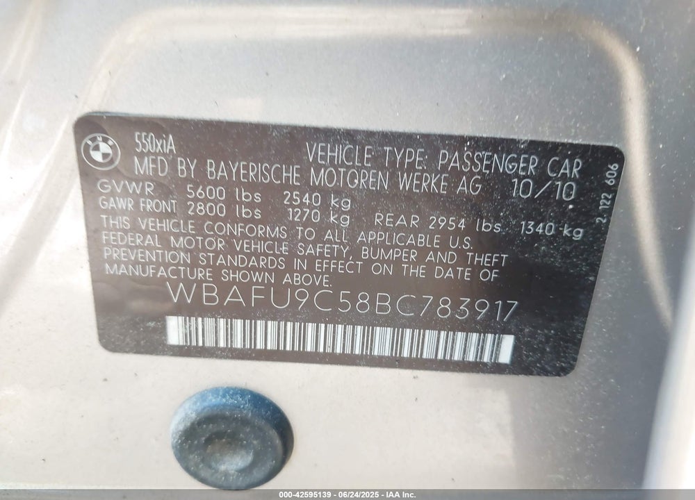 2011 BMW 550I XDRIVE VIN: WBAFU9C58BC783917