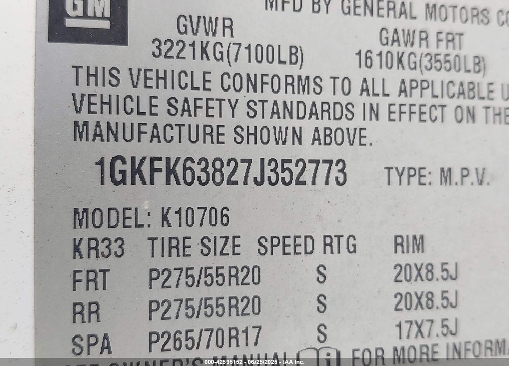 2007 GMC YUKON VIN: 1GKFK63827J352773