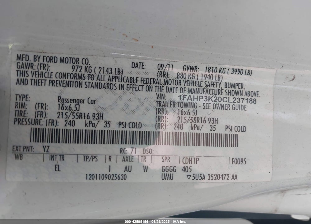 2012 FORD FOCUS VIN: 1FAHP3K20CL237188