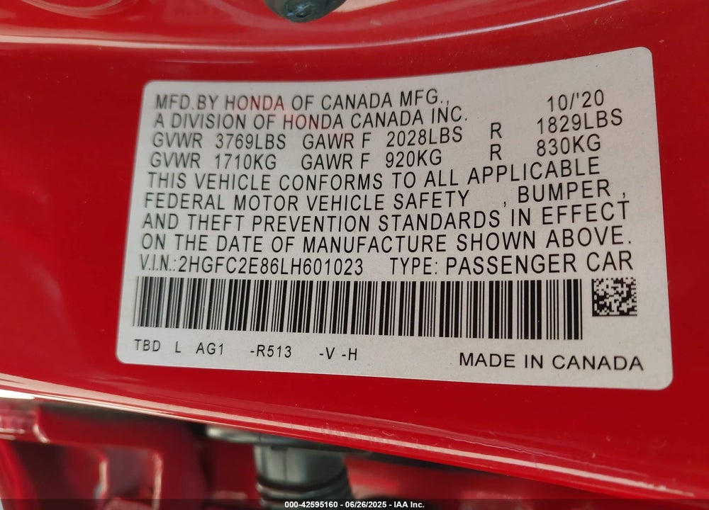 2020 HONDA CIVIC VIN: 2HGFC2E86LH601023