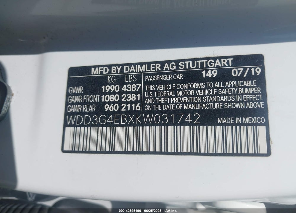 2019 MERCEDES-BENZ A 220 VIN: WDD3G4EBXKW031742