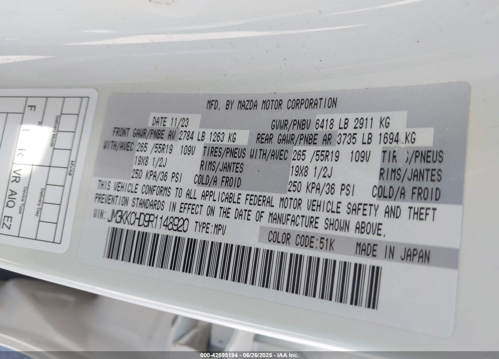 2024 MAZDA CX-90 VIN: JM3KKCHD9R1148920