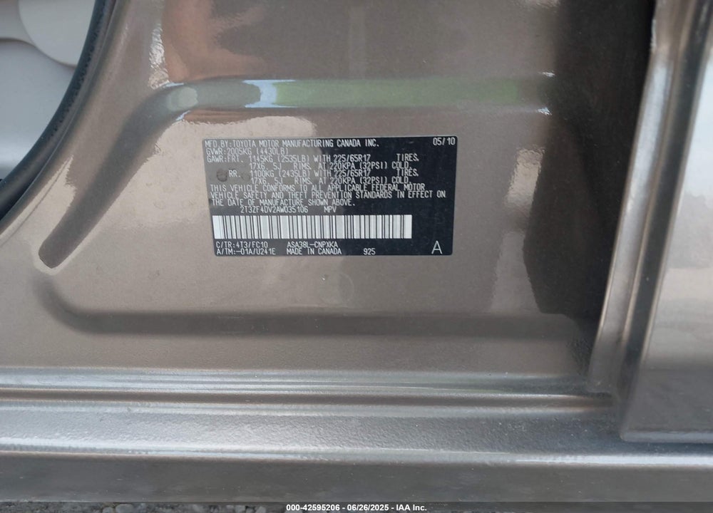 2010 TOYOTA RAV4 VIN: 2T3ZF4DV2AW035106