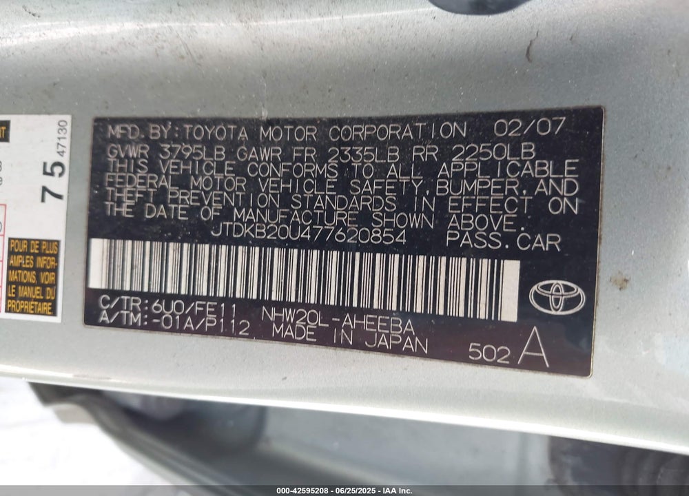 2007 TOYOTA PRIUS VIN: JTDKB20U477620854