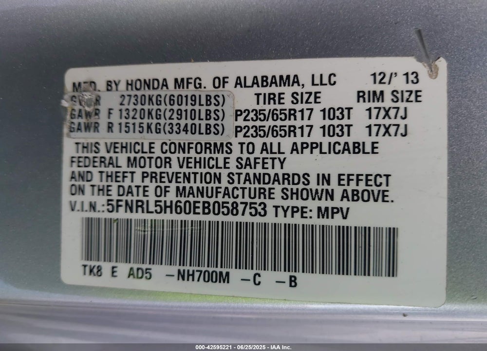 2014 HONDA ODYSSEY EX-L VIN: 5FNRL5H60EB058753