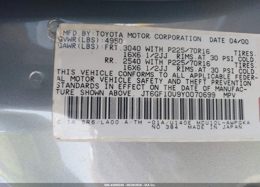2000 LEXUS RX 300 VIN: JT6GF10U9Y0070699