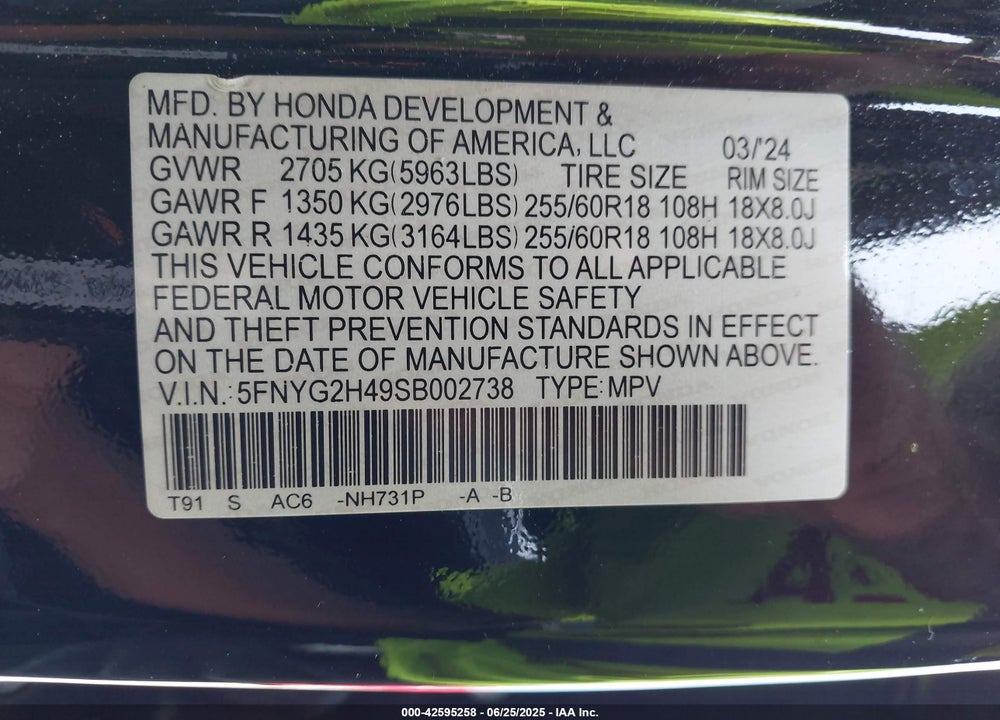 2025 HONDA PILOT VIN: 5FNYG2H49SB002738