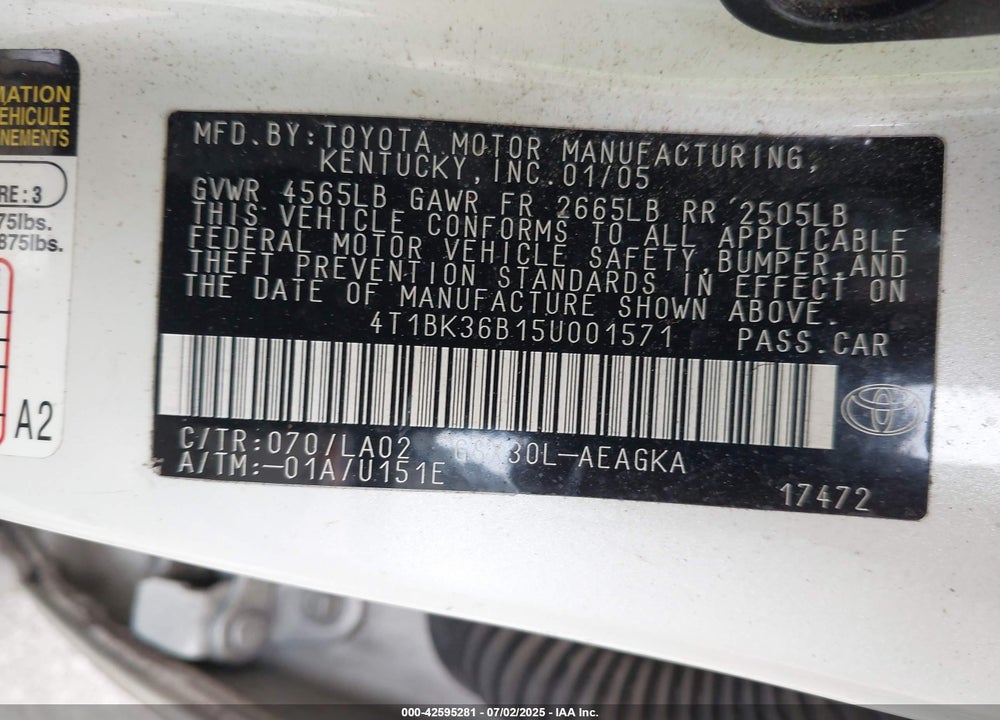2005 TOYOTA AVALON XLS VIN: 4T1BK36B15U001571