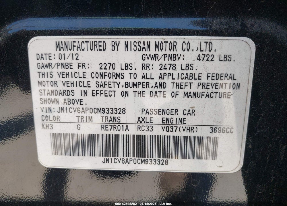 2012 INFINITI G37 VIN: JN1CV6AP0CM933328