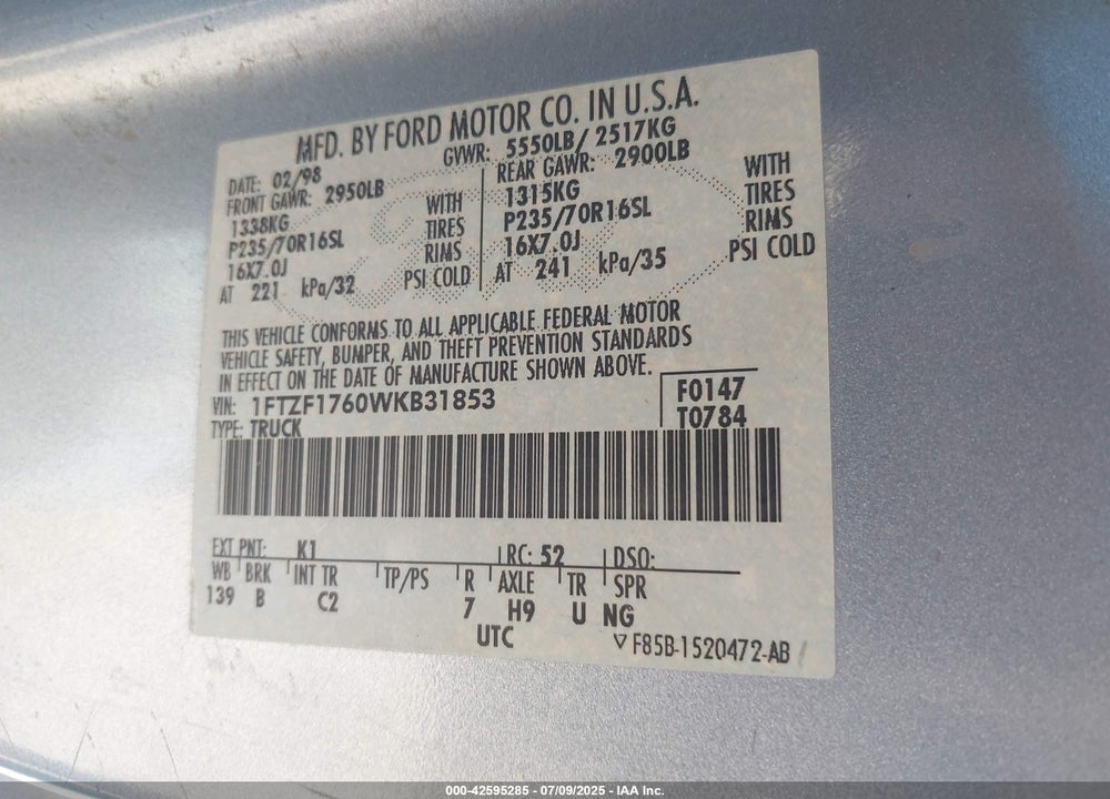 1998 FORD F-150 LARIAT/STANDARD/XL/XLT VIN: 1FTZF1760WKB31853