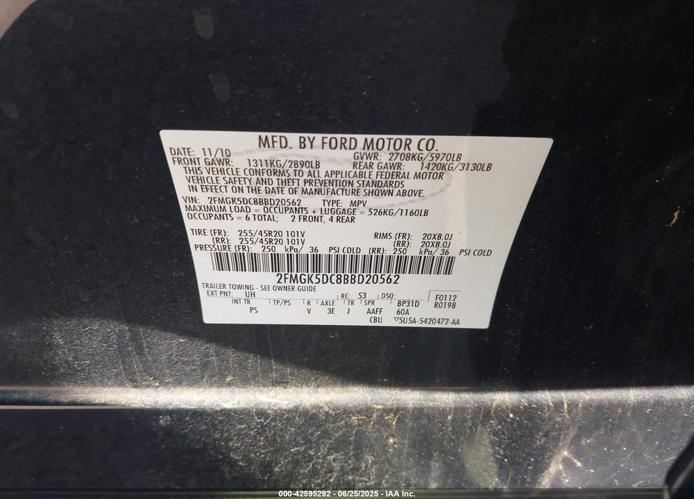 2011 FORD FLEX VIN: 2FMGK5DC8BBD20562