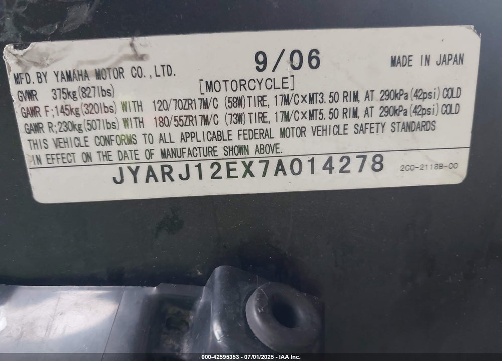 2007 YAMAHA YZFR6 VIN: JYARJ12EX7A014278