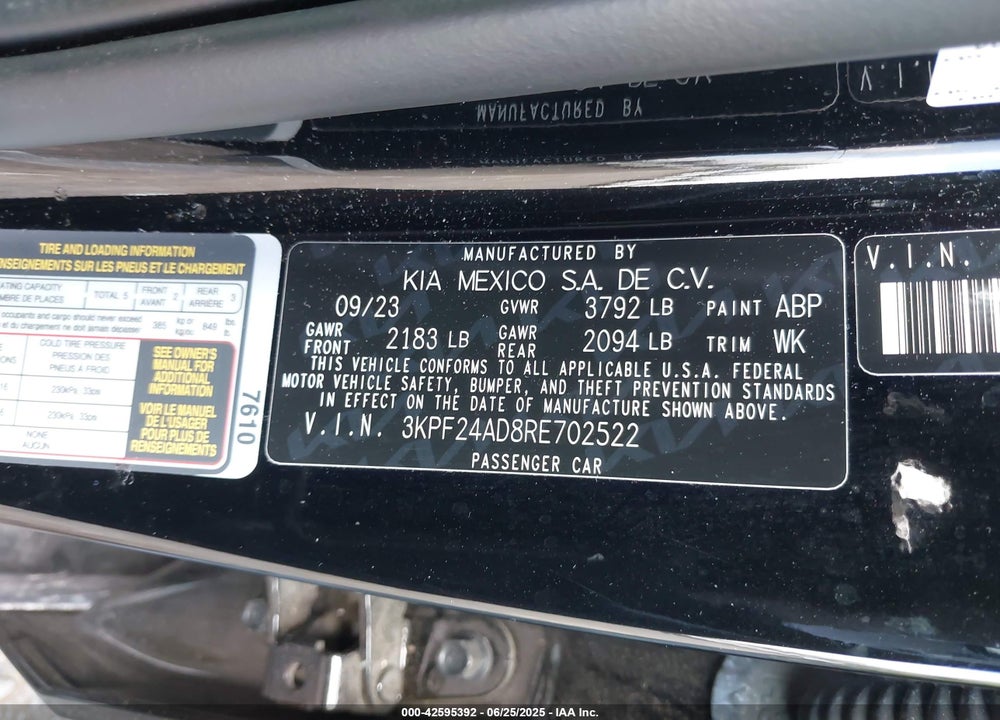 2024 KIA FORTE VIN: 3KPF24AD8RE702522