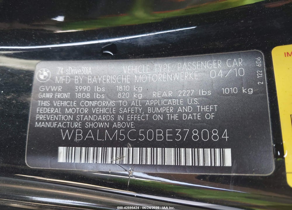 2011 BMW Z4 VIN: WBALM5C50BE378084