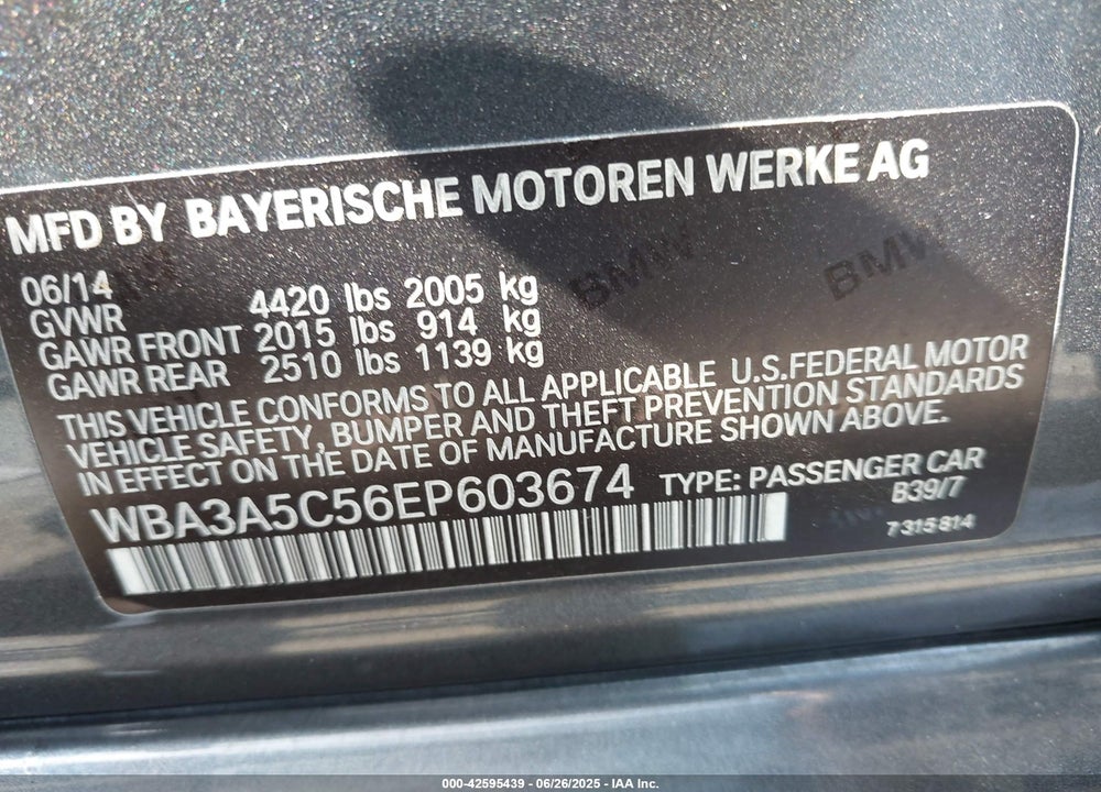 2014 BMW 3 SERIES VIN: WBA3A5C56EP603674