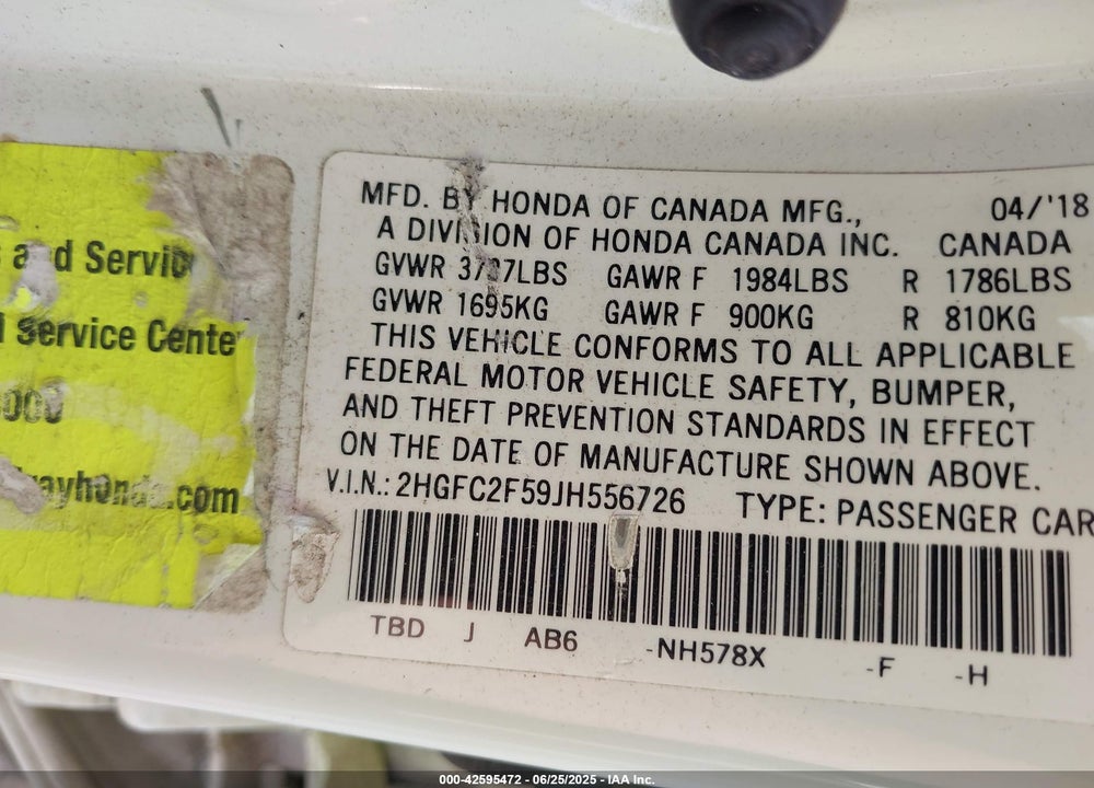 2018 HONDA CIVIC VIN: 2HGFC2F59JH556726