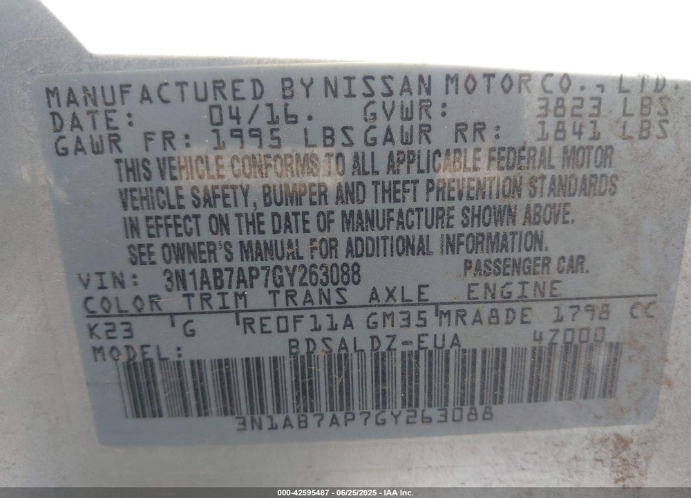 2016 NISSAN SENTRA SV VIN: 3N1AB7AP7GY263088