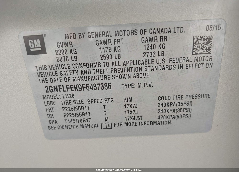 2015 CHEVROLET EQUINOX VIN: 2GNFLFEK9F6437386